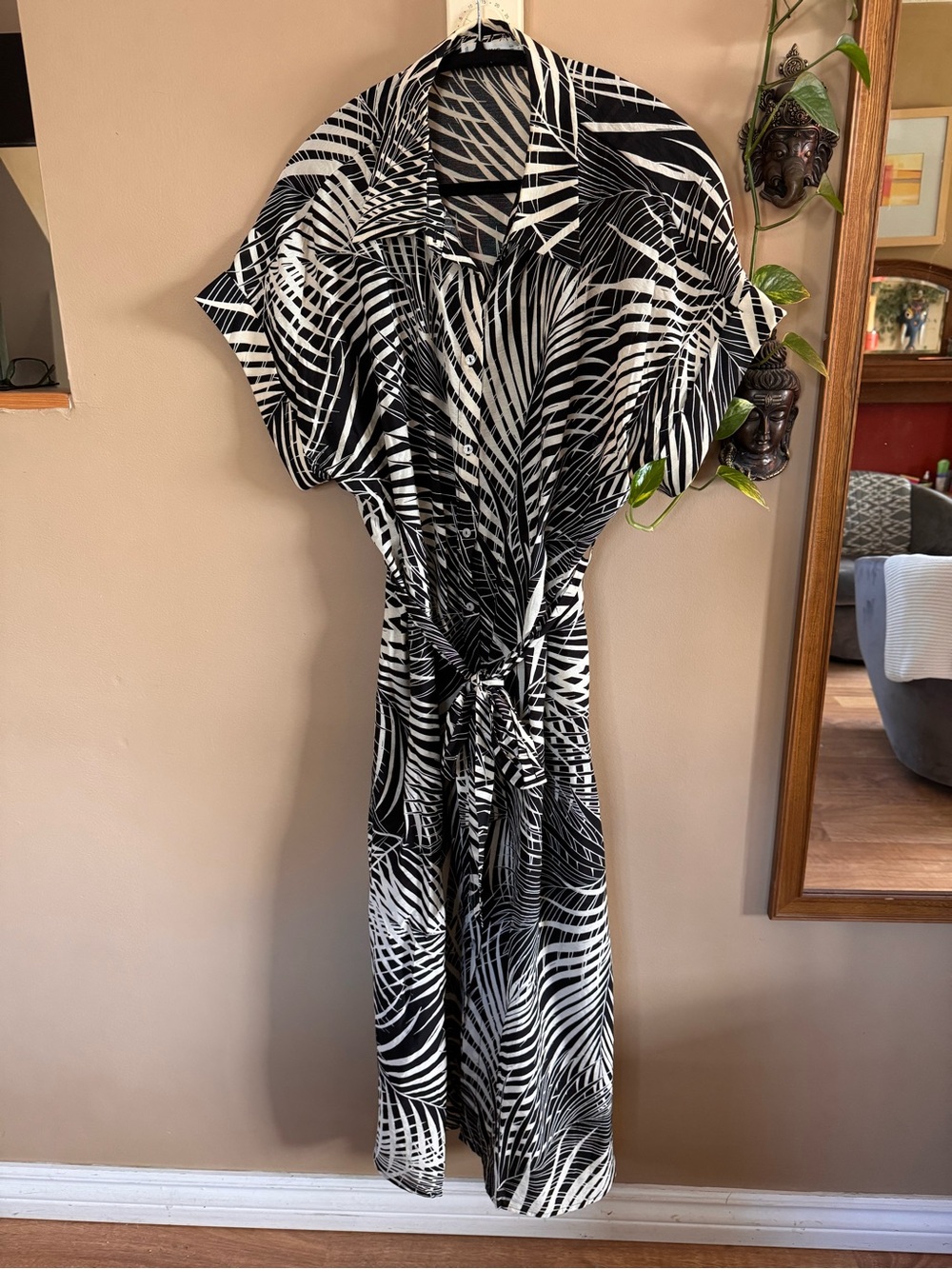 Mango Black and White Palm-Print Dress